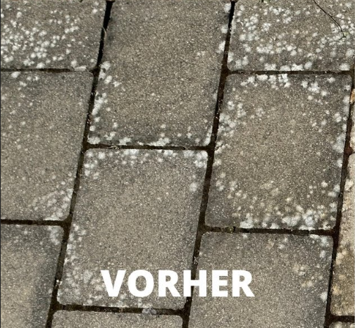 Verschmutzte Pflastersteine vor der Reinigung
